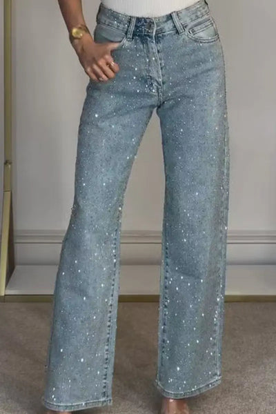 Hoochie Couture Blue Hot Drill Patchwork Jeans – Loose Fit Mid-Waist Bling Denim Hoochie Couture Boutique