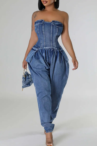 Hoochie Couture Deep Blue Denim Tube Jumpsuit – Backless, Strapless Hoochie Couture Boutique