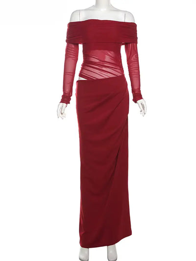 Hoochie Couture Mesh Ruched Maxi Dress – elegant and sexy women’s dress featuring sheer mesh fabric, flattering ruched detailing, and a curve-hugging maxi silhouette, perfect for evening parties, date nights, or upscale clubwear fashion.