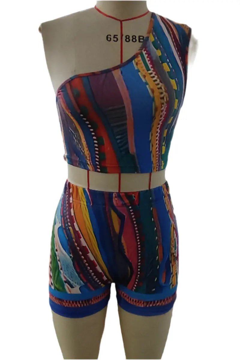 Hoochie Couture Boho Breeze Two-Piece Set – One-Shoulder Crop Top & Shorts Hoochie Couture Boutique
