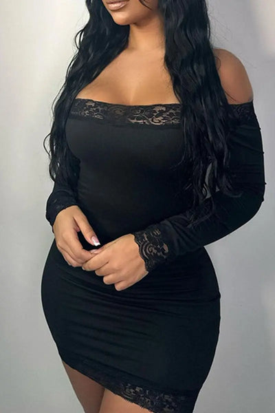 Hoochie Couture Off-Shoulder Lace Patchwork Bodycon Dress – Wrapped in Sultry Elegance Hoochie Couture Boutique