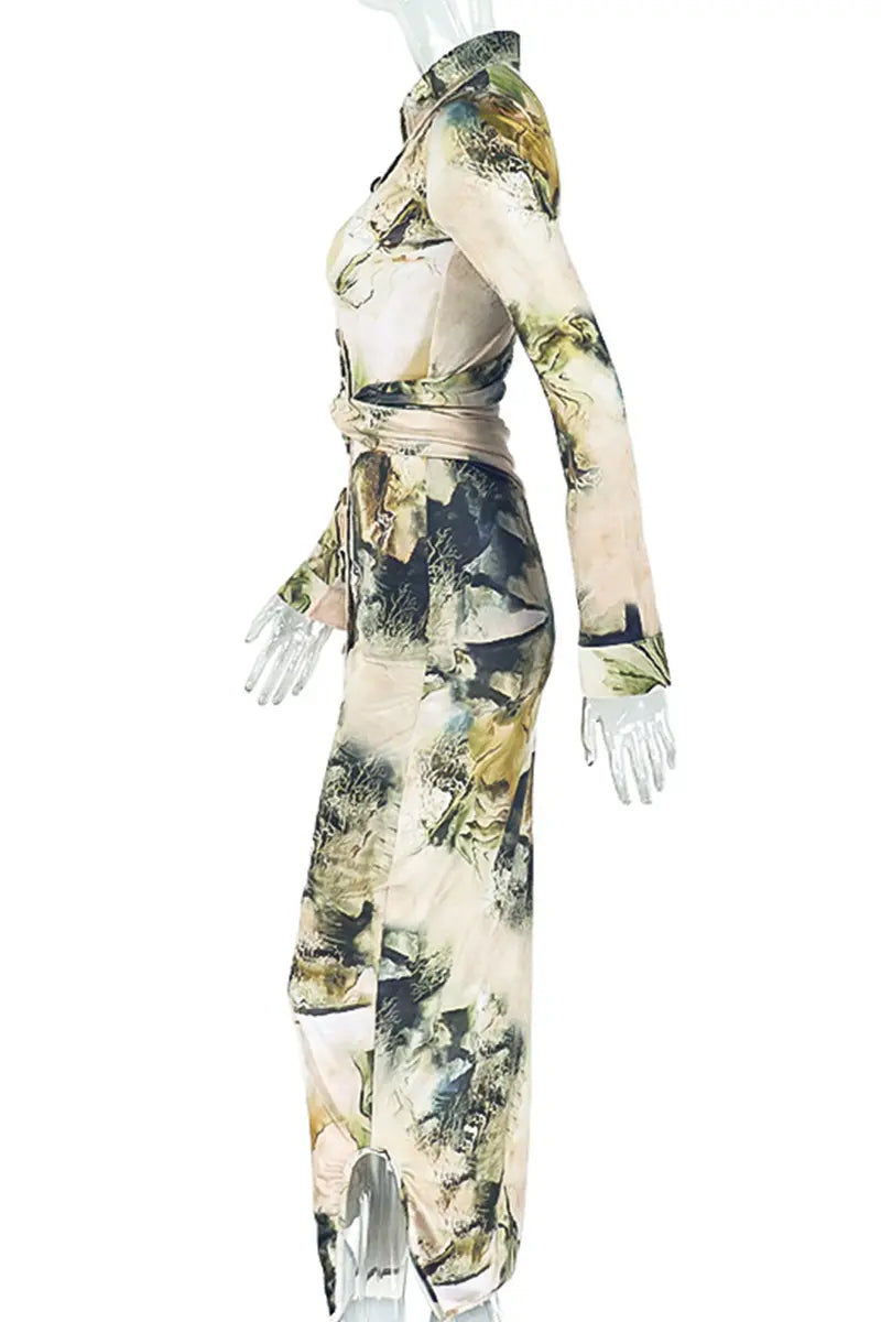 Hoochie Couture Print Buckle Shirt Dress – Black & Apricot Turndown Collar Maxi Elegance Hoochie Couture Boutique