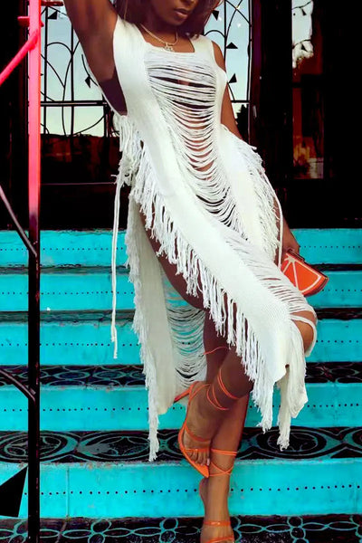 Hoochie Couture White Tassel Asymmetrical Swimwear Cover-Up – Hollowed-Out Hoochie Couture Boutique