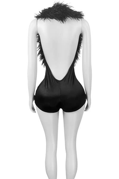 Hoochie Couture Feather Fantasy Romper – Deep V Drama Meets Brunch Baddie Energy Hoochie Couture Boutique
