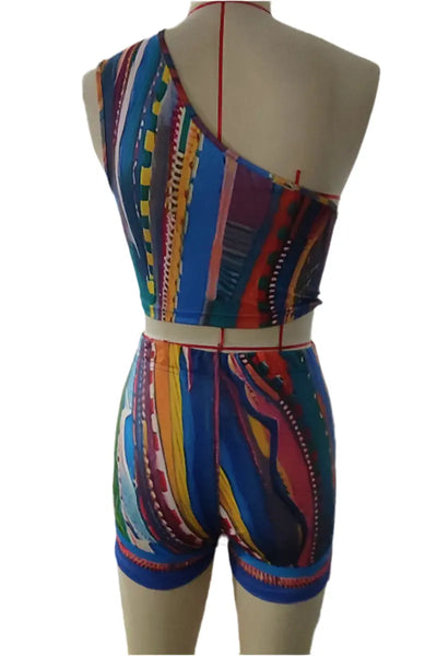 Hoochie Couture Boho Breeze Two-Piece Set – One-Shoulder Crop Top & Shorts Hoochie Couture Boutique