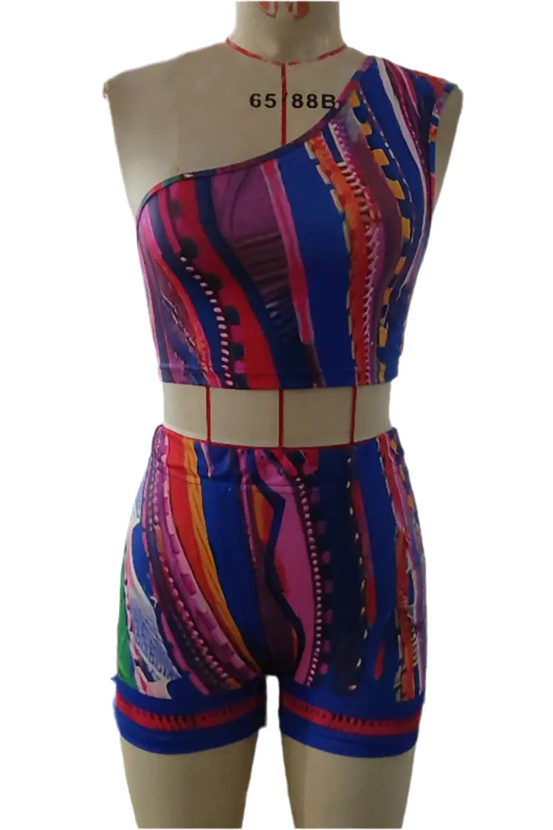 Hoochie Couture Boho Breeze Two-Piece Set – One-Shoulder Crop Top & Shorts Hoochie Couture Boutique