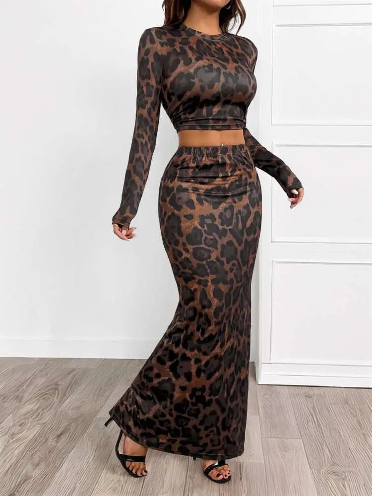 Hoochie Couture Leopard Cropped Bodycon Split Hem Skirt Set – Wild, Chic & Curve-Hugging Glam