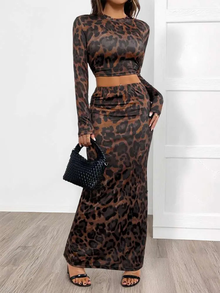 Hoochie Couture Leopard Cropped Bodycon Split Hem Skirt Set – Wild, Chic & Curve-Hugging Glam