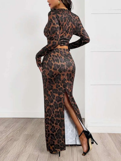 Hoochie Couture Leopard Cropped Bodycon Split Hem Skirt Set – Wild, Chic & Curve-Hugging Glam