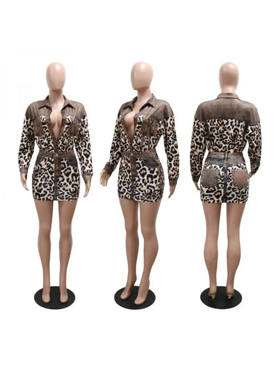 Hoochie Couture Patchwork Leopard Long Sleeve Skirt Set – Chic, Bold & Fiercely Feminine