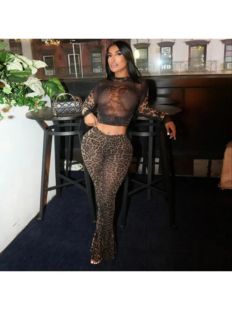Hoochie Couture Leopard Pattern Long Sleeve Cropped Pant Set – Wild, Sleek & Fashion Forward