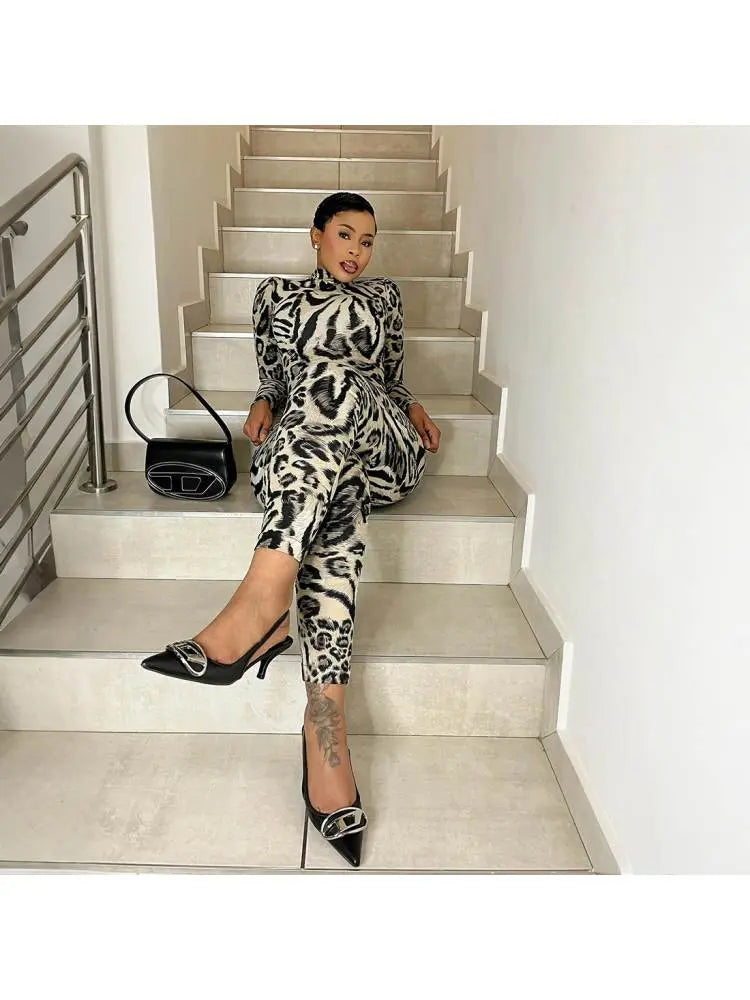 Hoochie Couture Leopard Printed Mock Neck Fitted Jumpsuit