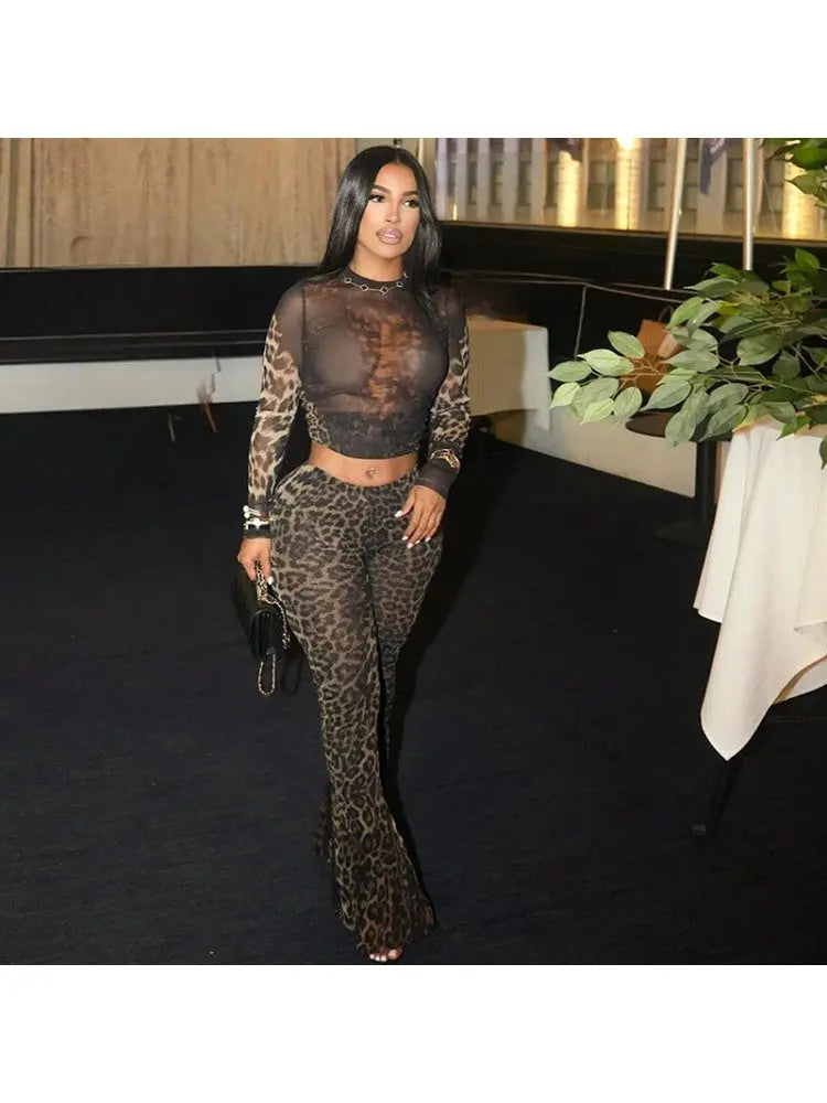 Hoochie Couture Leopard Pattern Long Sleeve Cropped Pant Set – Wild, Sleek & Fashion Forward