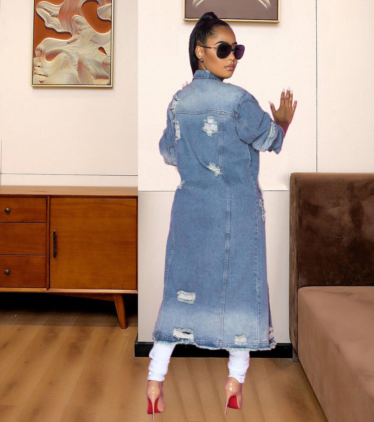 Hoochie Couture Ripped Longline Denim Coat – Edgy, Chic & High-Street Ready