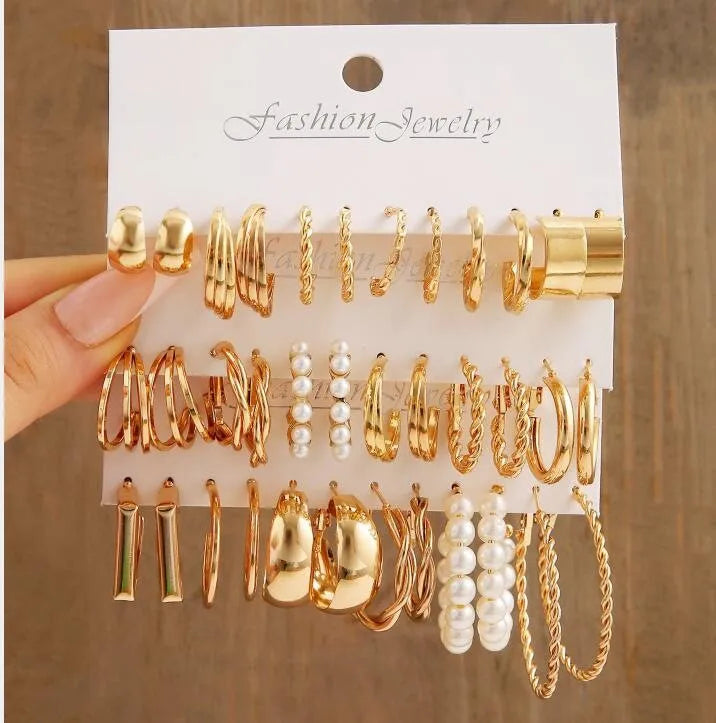 Hoochie Couture 24-Pair Gold Earring Set – Boho, Vintage & Everyday Chic