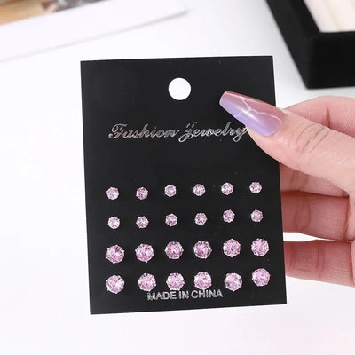 Hoochie Couture 12-Pair Crystal Stud Earrings Set – Timeless Shine for Every Occasion Hoochie Couture Boutique