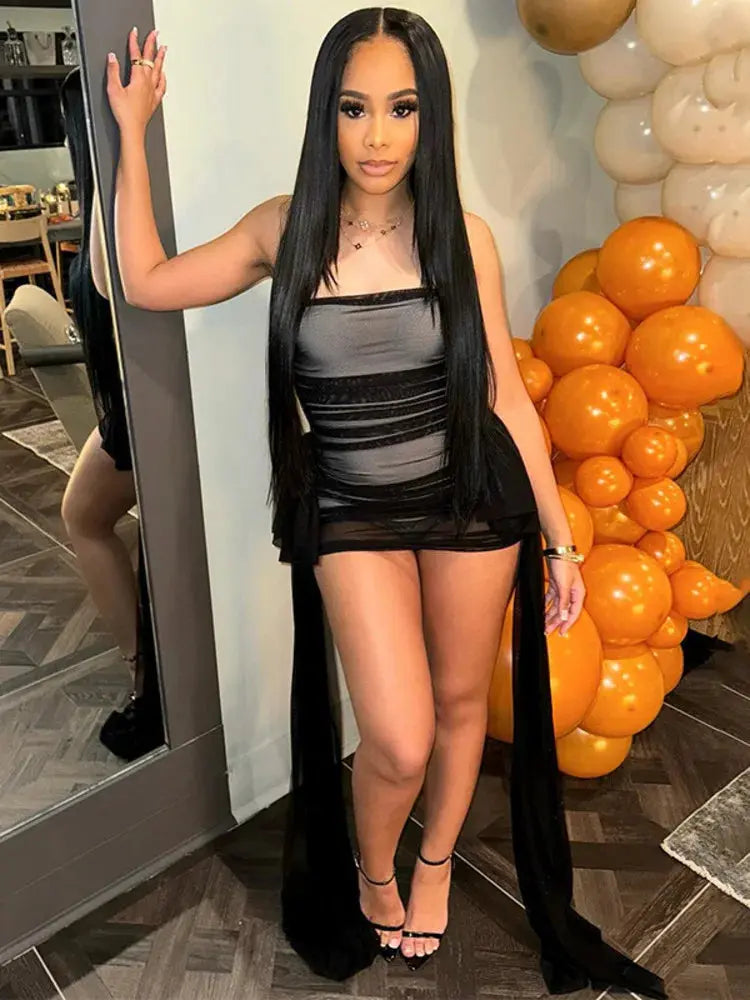 Hoochie Couture Mesh Spliced Mini Dress – sexy bodycon mini dress for women featuring sheer mesh paneling, figure-hugging silhouette, and bold cut-out design, perfect for clubwear, party nights, and edgy street style