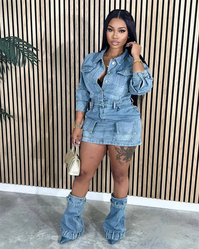 Hoochie Couture Button-Up Denim Mini Dress – Long Sleeve, Pocket Detail & Leg Cover My Store
