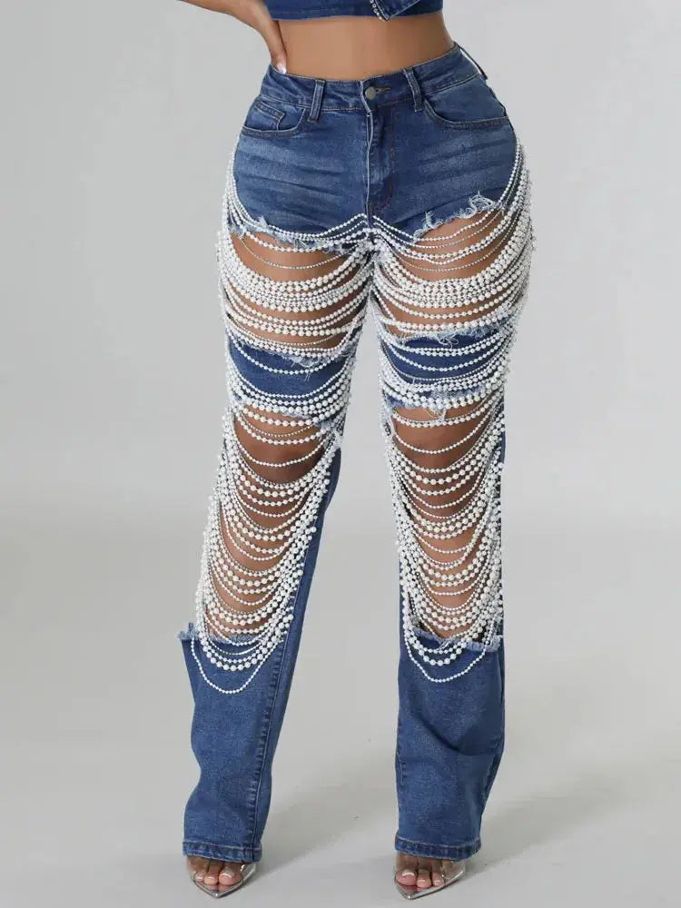 Hoochie Couture Ripped Pearl Chain Skinny Jeans – Distressed Denim Drip My Store