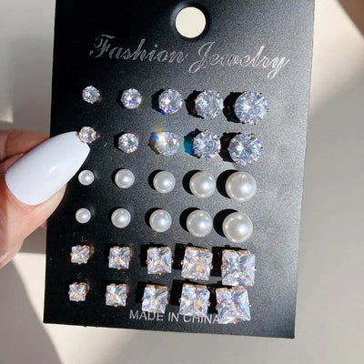 Hoochie Couture 12-Pair Crystal Stud Earrings Set – Timeless Shine for Every Occasion Hoochie Couture Boutique