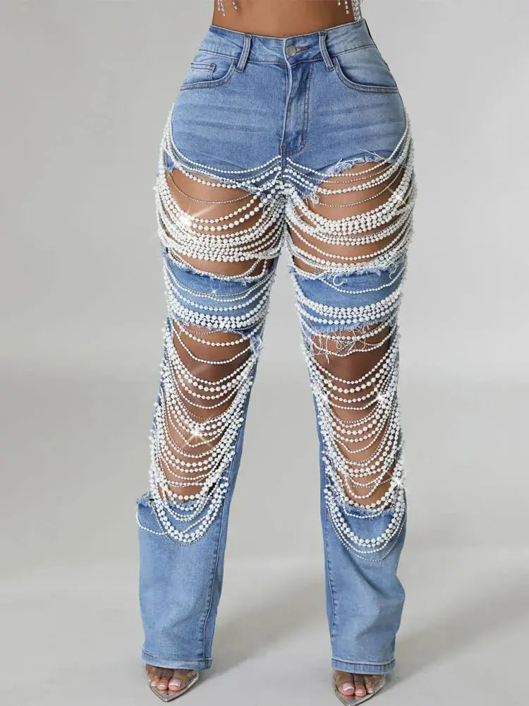 Hoochie Couture Ripped Pearl Chain Skinny Jeans – Distressed Denim Drip My Store