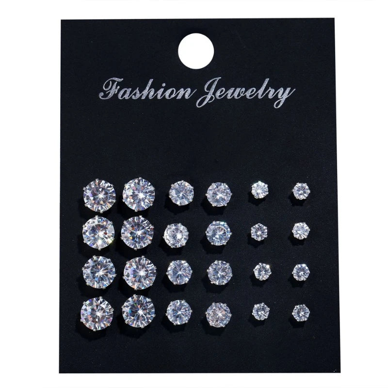 Hoochie Couture 12-Pair Crystal Stud Earrings Set – Timeless Shine for Every Occasion