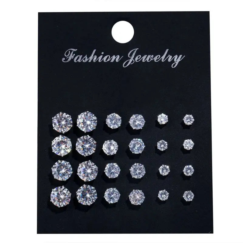Hoochie Couture 12-Pair Crystal Stud Earrings Set – Timeless Shine for Every Occasion Hoochie Couture Boutique