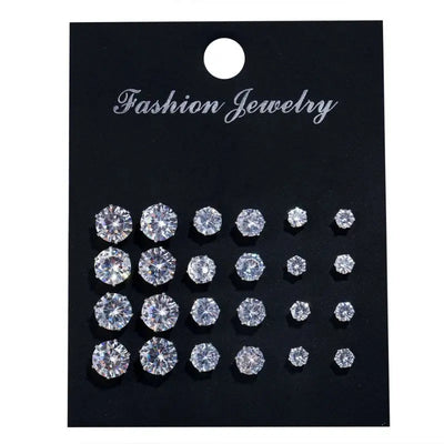 Hoochie Couture 12-Pair Crystal Stud Earrings Set – Timeless Shine for Every Occasion Hoochie Couture Boutique