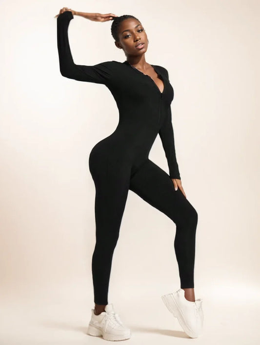 Hoochie Couture Ribbed Zip-Up Bodysuit – Sleek, Sporty & Snatched