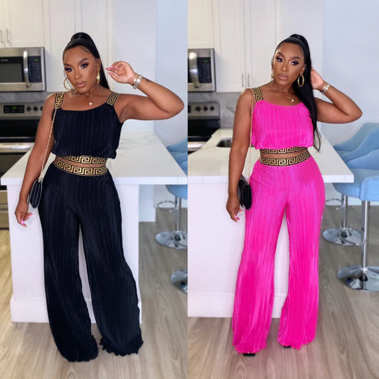 Hoochie Couture Pleated Crop Top & Wide-Leg Pants Set – Chic, Sexy & Club-Ready