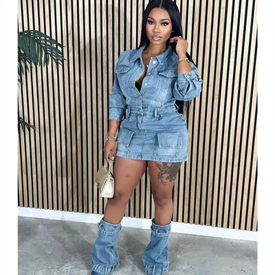 Hoochie Couture Button-Up Denim Mini Dress – Long Sleeve, Pocket Detail & Leg Cover My Store