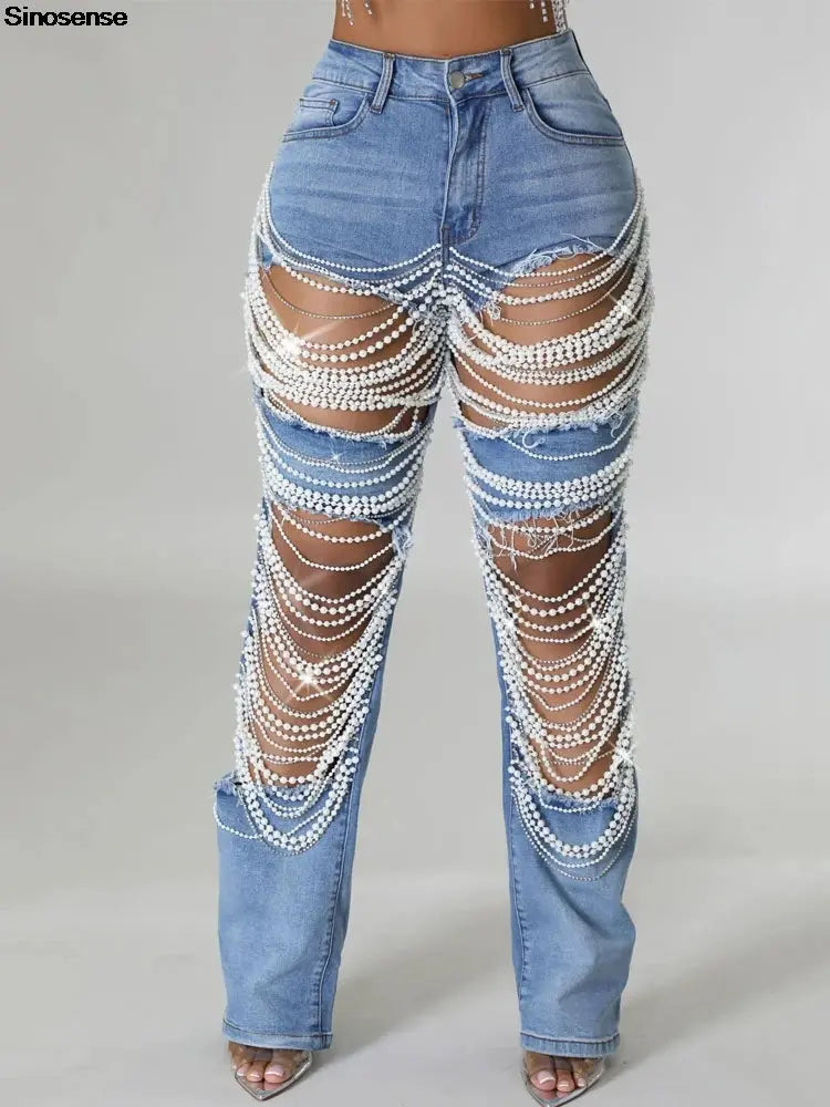 Hoochie Couture Ripped Pearl Chain Skinny Jeans – Distressed Denim Drip My Store