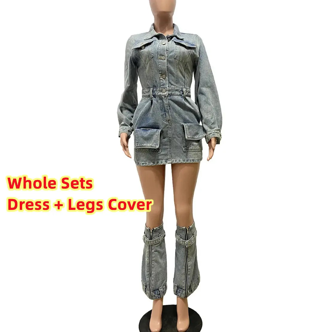 Hoochie Couture Button-Up Denim Mini Dress – Long Sleeve, Pocket Detail & Leg Cover My Store