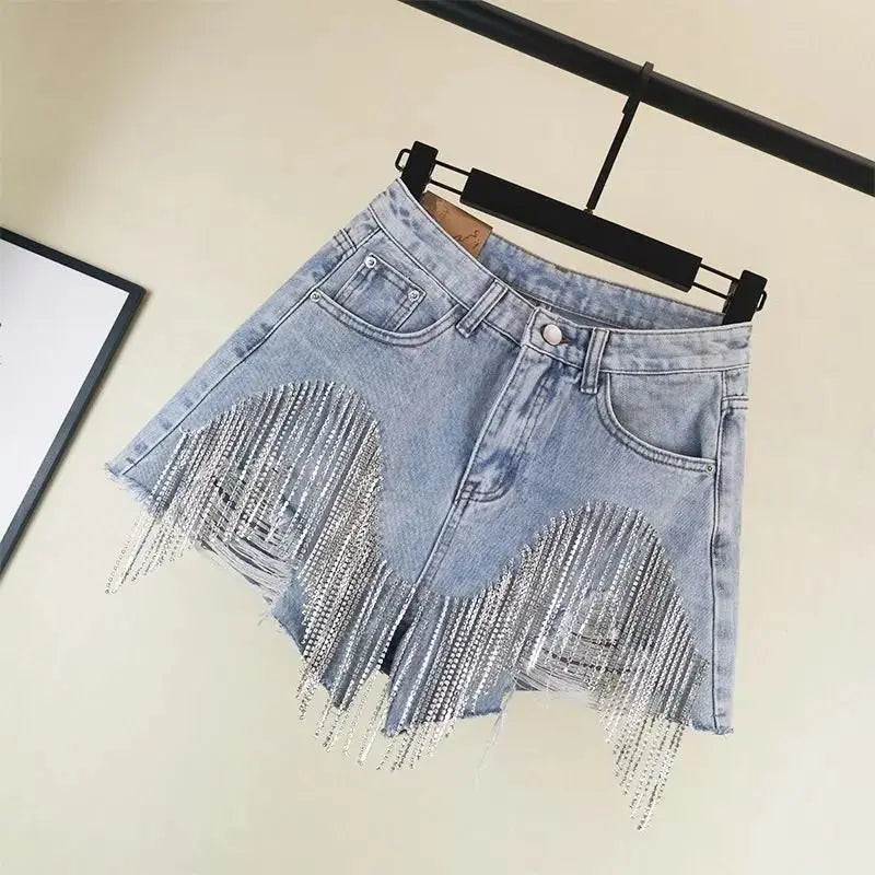 Hoochie Couture High-Waist Ripped Denim Shorts – Diamond Tassel My Store