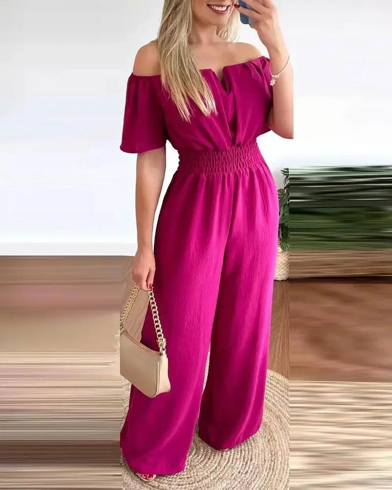 Hoochie Couture Off-Shoulder Wide-Leg Jumpsuit – Elegant Summer Jumpsuit for Effortless Style