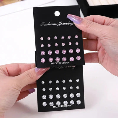 Hoochie Couture 12-Pair Crystal Stud Earrings Set – Timeless Shine for Every Occasion Hoochie Couture Boutique