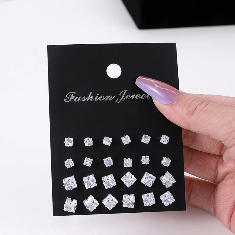 Hoochie Couture 12-Pair Crystal Stud Earrings Set – Timeless Shine for Every Occasion