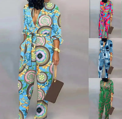 Women's stylish printed belted jumpsuit with V-neck, long sleeves, and button-up front – Hoochie Couture one-piece outfit