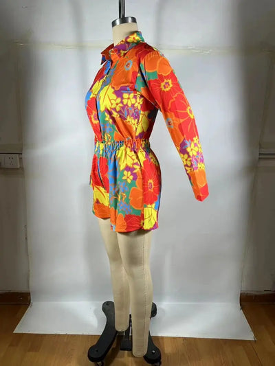Hoochie Couture Floral Print 2-Piece Set – women’s summer outfit with long sleeve button-up shirt and fitted shorts, lightweight and breathable for vacation, brunch, or festival fashion.