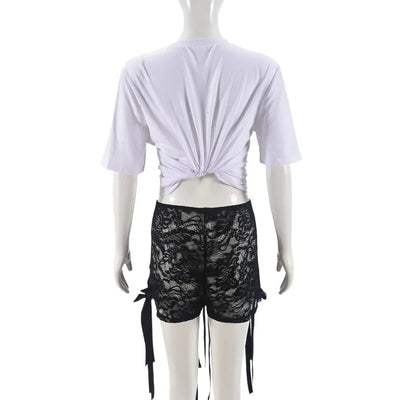Hoochie Couture Lace Crop Top & Pant Set – elegant and edgy women’s two-piece outfit featuring a delicate lace crop top and matching high-waisted pants, perfect for date nights, fashion-forward events, or elevated street style.