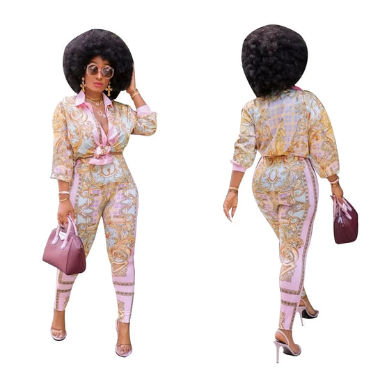 Hoochie Couture Elegant Pink Printed Shirt & Pants Set – Chic, Feminine & Powerfully Stylish