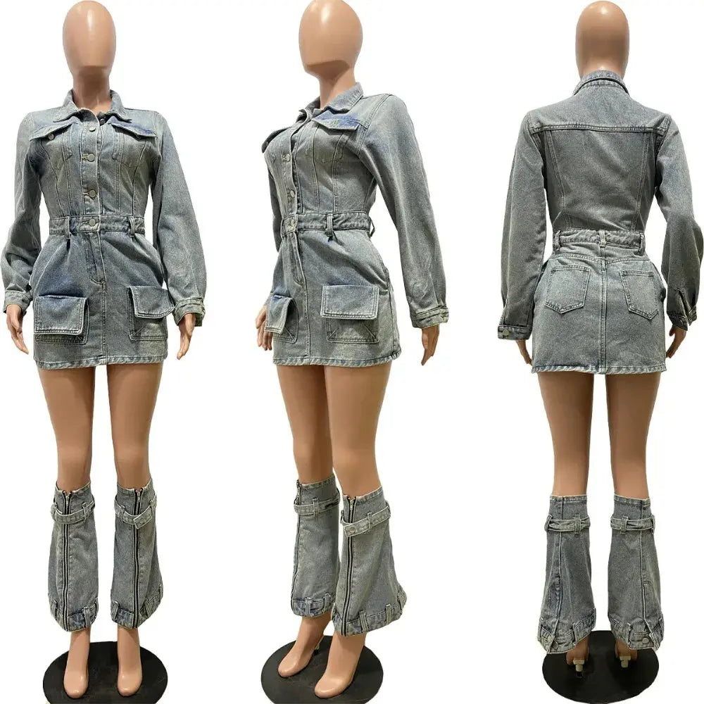 Hoochie Couture Button-Up Denim Mini Dress – Long Sleeve, Pocket Detail & Leg Cover My Store