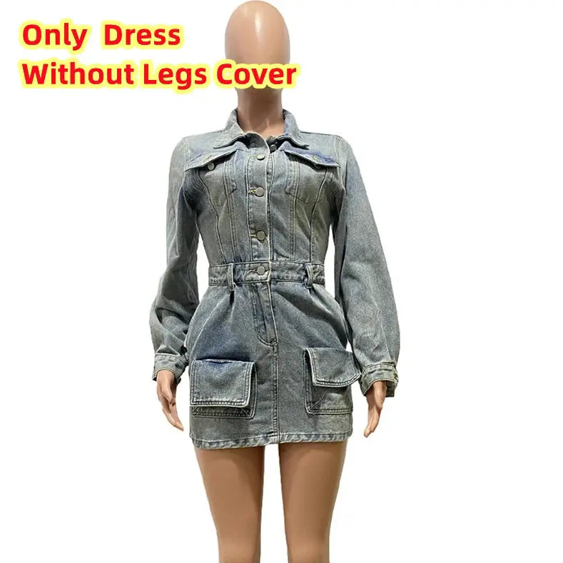 Hoochie Couture Button-Up Denim Mini Dress – Long Sleeve, Pocket Detail & Leg Cover My Store