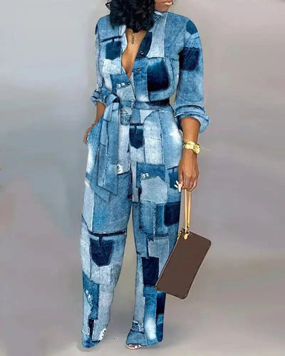 Women's stylish printed belted jumpsuit with V-neck, long sleeves, and button-up front – Hoochie Couture one-piece outfit