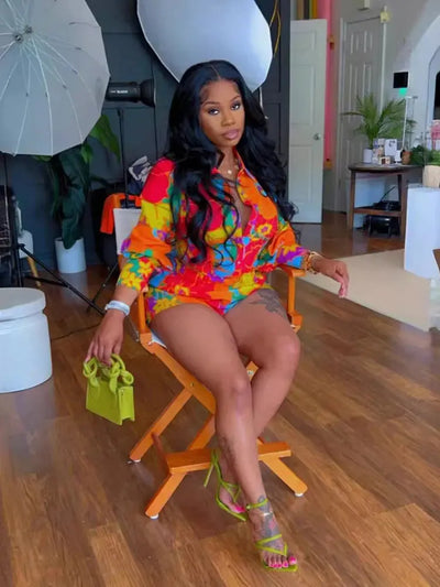 Hoochie Couture Floral Print 2-Piece Set – women’s summer outfit with long sleeve button-up shirt and fitted shorts, lightweight and breathable for vacation, brunch, or festival fashion.