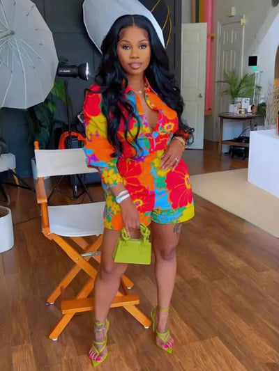 Hoochie Couture Floral Print 2-Piece Set – women’s summer outfit with long sleeve button-up shirt and fitted shorts, lightweight and breathable for vacation, brunch, or festival fashion.