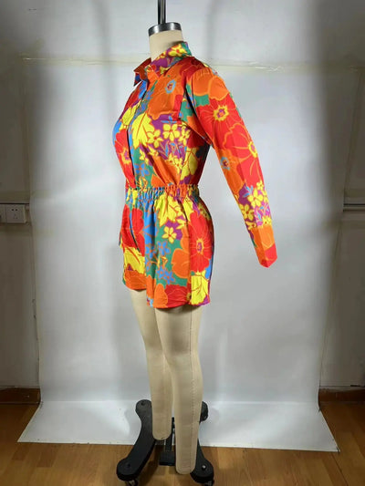 Hoochie Couture Floral Print 2-Piece Set – women’s summer outfit with long sleeve button-up shirt and fitted shorts, lightweight and breathable for vacation, brunch, or festival fashion.