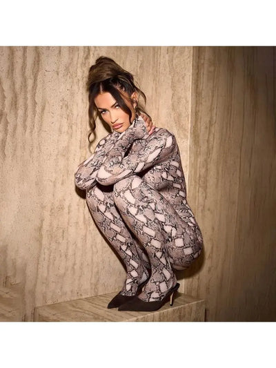 Hoochie Couture Snakeskin Printed Mock Neck Jumpsuit – Sleek, Bold & Bodycon Perfection