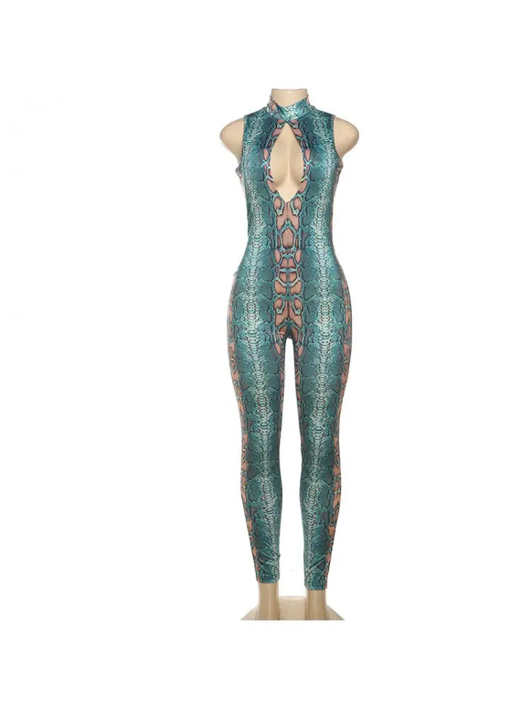 Hoochie Couture Snake Print Hollow Front Jumpsuit – Sultry, Bold & Curve-Hugging