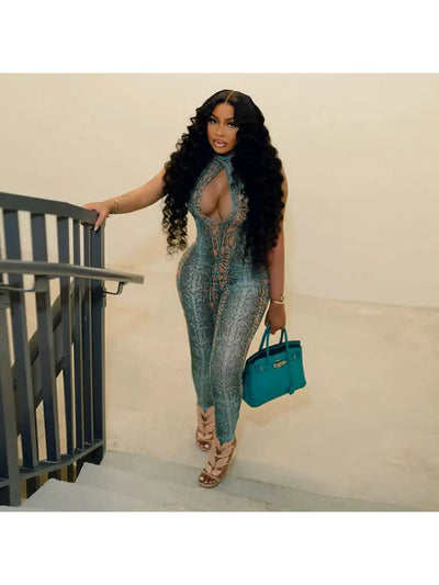 Hoochie Couture Snake Print Hollow Front Jumpsuit – Sultry, Bold & Curve-Hugging